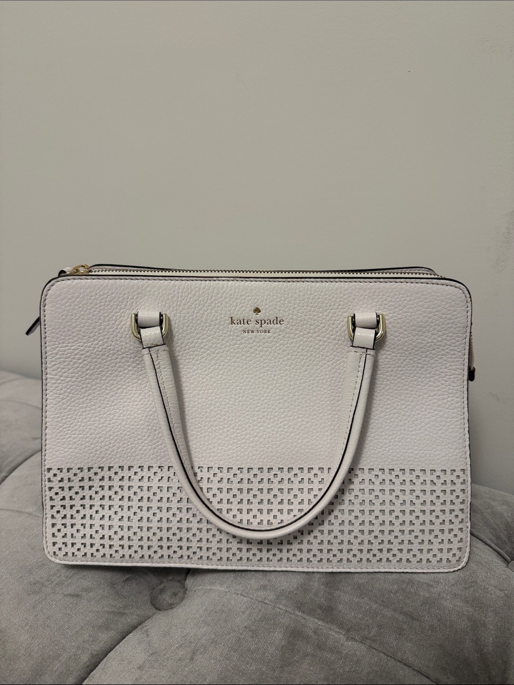 kate spade White Perforated Pebbled Leather Satchel with Gold Hardware